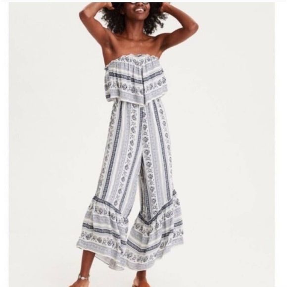 American Eagle Outfitters Pants - American Eagle White Black Off Shoulder Floral Boho Midi Wide Leg Romper Small